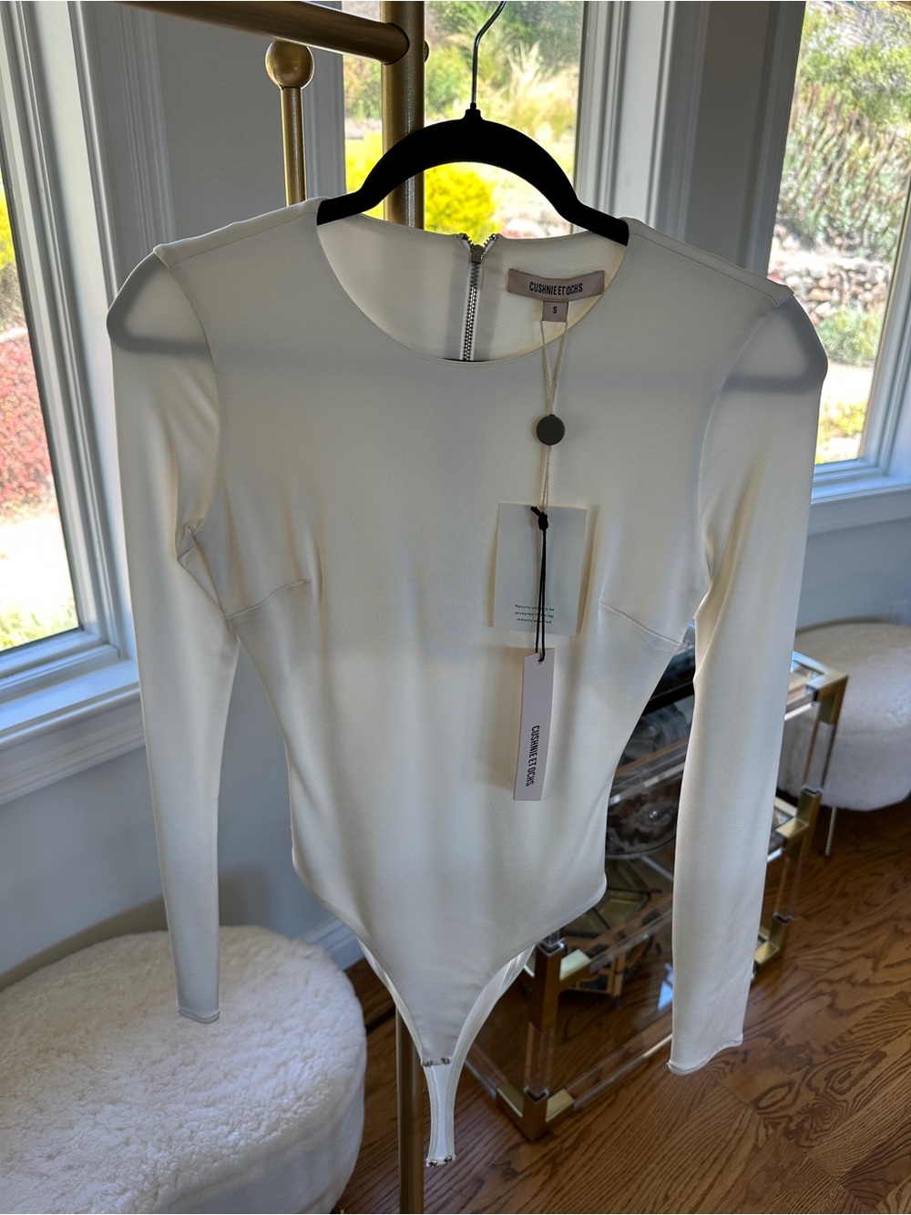 Cushnie Cream Long-Sleeve Scoop Neck Bodysuit